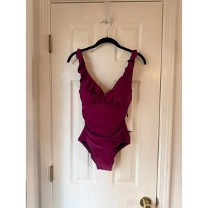 DKNY Ruffle V-Neck Ruched One Piece Swimsuit Bordeaux Purple DIOMS691 Size 4 NEW
